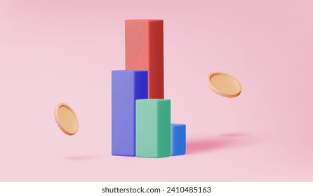 Graph 3D vector icon data analytics optimization growth statistics finance graph stock market, management coins investment business development concept. minimal cartoon style. 3d render illustration