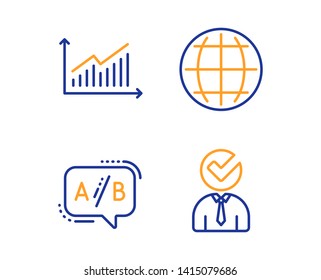 Graph, Ab testing and Globe icons simple set. Vacancy sign. Presentation diagram, Test chat, Internet world. Businessman concept. Business set. Linear graph icon. Colorful design set. Vector