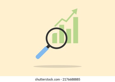  Graph analysis concepts. Magnifying and dart with a green chart and upper arrow on yellow background for business research, growth investment, eCommerce, and financial.