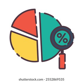 Graph Analysis Icon. Flat line color icon of a colorful pie chart with a magnifying glass focusing on percentage, illustrating data analysis and market insights. Colored Outline Icons.