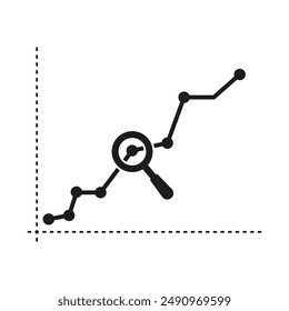 Symbol für die Diagrammanalyse. Steigende Trendkurve. Lupensymbol. Vektorillustration.