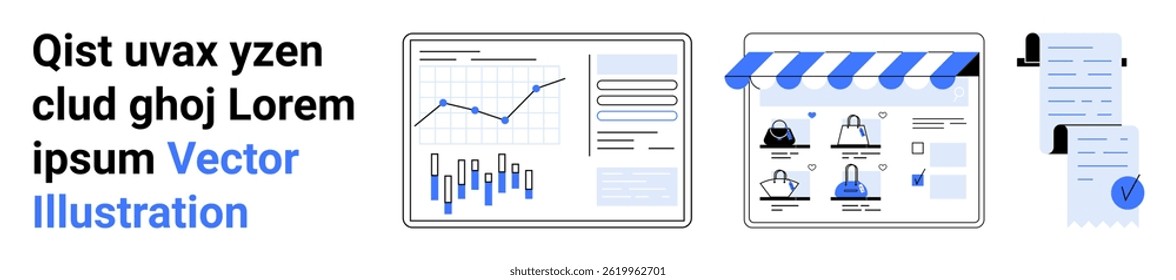 Análise de gráficos, vitrine da loja de e-commerce com listagem de produtos e documento com perfis de usuário em preto e azul. Ideal para relatórios de negócios, marketing, comércio eletrônico, análise de dados, gerenciamento de usuários