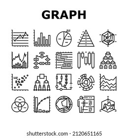 Graph For Analyzing And Research Icons Set Vector. Hierarchy And Binary Decision Diagram, Bar And Line Graph, Radar And Stacked Area Chart Line. Pareto And Venn Infographic Black Contour Illustrations