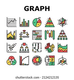 Graph For Analyzing And Research Icons Set Vector. Hierarchy And Binary Decision Diagram, Bar And Line Graph, Radar And Stacked Area Chart Line. Pareto And Venn Infographic Color Illustrations