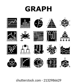 Graph For Analyzing And Research Icons Set Vector. Hierarchy And Binary Decision Diagram, Bar Graph, Radar And Stacked Area Chart Line. Pareto And Venn Infographic Glyph Pictograms Black Illustrations