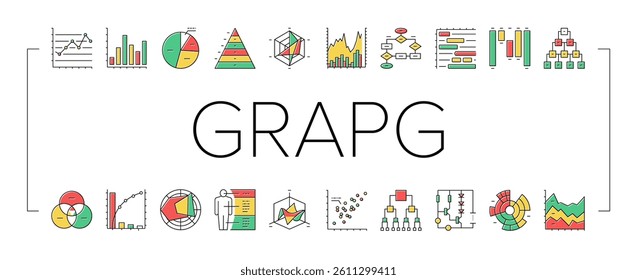Graph For Analyzing And Research Icons Set Vector. Hierarchy And Binary Decision Diagram, Bar And Line Graph, Radar And Stacked Area Chart Line. Pareto And Venn Infographic Color Illustrations