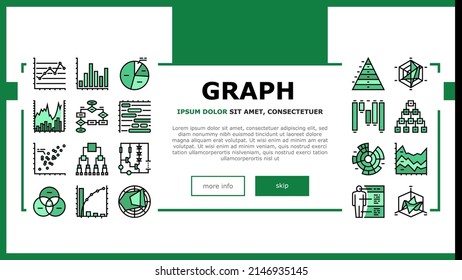 Graph For Analyzing And Research Landing Web Page Header Banner Template Vector. Hierarchy Binary Decision Diagram, Bar And Graph, Radar And Stacked Area Chart . Pareto And Venn Illustration