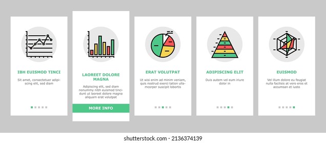 Graph For Analyzing And Research Onboarding Mobile App Page Screen Vector. Hierarchy And Binary Decision Diagram, Bar Graph, Radar And Stacked Area Chart Line. Pareto Venn Infographic Illustrations