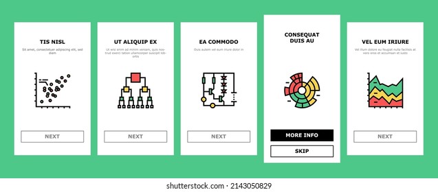 Graph For Analyzing And Research Onboarding Mobile App Page Screen Vector. Hierarchy And Binary Decision Diagram, Bar Graph, Radar And Stacked Area Chart Line. Pareto Venn Infographic Illustrations