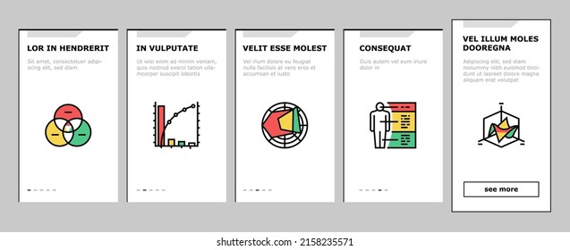 Graph For Analyzing And Research Onboarding Mobile App Page Screen Vector. Hierarchy And Binary Decision Diagram, Bar Graph, Radar And Stacked Area Chart Line. Pareto Venn Infographic Illustrations