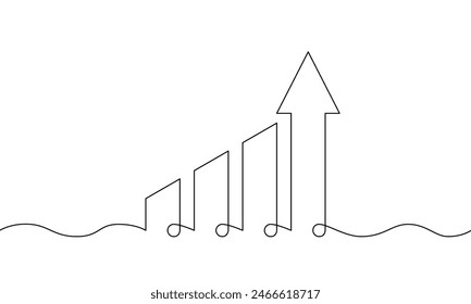 graph with arrow up in continuous line drawing. illustration vector of increasing arrow. Single line art of bar chart. Object one line of business growth. Flat icon of sign symbol