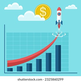 Gráfico con una flecha de crecimiento financiero y lanzamiento de cohetes. El concepto de crecimiento de las finanzas y los beneficios en el negocio de la empresa. Planificación, gestión y comercialización exitosas. Ilustración vectorial.