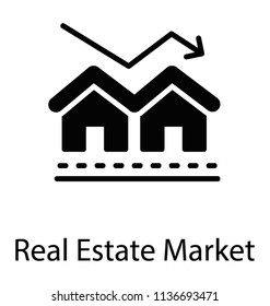 A graph arrow over house buildings, real estate market line icon 