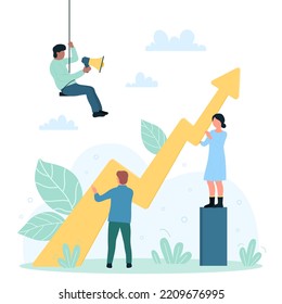 Graph Arrow Of Stock Market Growing Up Vector Illustration. Cartoon Tiny People Invest In Efficient Strategy, Progress In Economic Expansion And Potential Profit Growth Of Corporate Employees