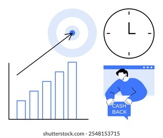 Gráfico con barras ascendentes, flecha que golpea el objetivo, el reloj y la persona que sostiene el signo de devolución de dinero. Ideal para finanzas, marketing, ventas, crecimiento de negocios e inversión. Estilo de diseño minimalista