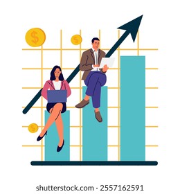 Graph bar business growth performance illustration, entrepreneurship, smart investment concept. Sales, profit, income, coins symbol as for ROI concept or return on investment