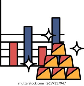 Eine Grafik mit Balken und einem Haufen Gold. Die Grafik ist rot, blau und gelb. Das Gold ist pyramidenförmig gestapelt