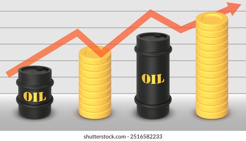 Graph with black round metal drum and stacks of coin. 3D rendering. Vector illustration. Barrel of chemical liquids, gases, oils. Oil Industry, Petrol Sign, rising oil prices