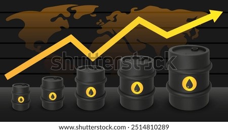 Graph with black round metal drum. 3D rendering. Vector illustration isolated on white. Barrel of chemical liquids, gases, oils. Oil Industry, Petrol Sign, rising oil prices