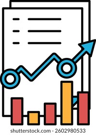 A graph with a blue arrow pointing upwards is on a piece of paper. The graph is made up of three bars, with the middle one being the tallest