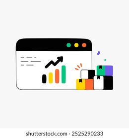 Graph with boxes and increasing bar chart in flat vector illustration symbolizing sales growth, e commerce, and business analytics, isolated on white background.