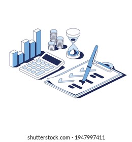 Graph, calculation, document contract, money coins and hourglass time. Vector 3d line isometric, web icons, blue color. Creative design idea for infographics.