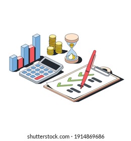 Graph, calculator, document contract, money coins and hourglass time. Vector 3d line isometric, color web icons, new flat style. Creative illustration, design idea for infographics.