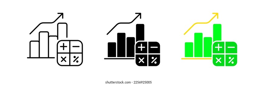 Graph with calculator line icon. Line chart, trend, profit, growth, increase, magnifier, arrow, strategy, trade, sales, purchases, stocks, prices. Vector icon in line, black and color style