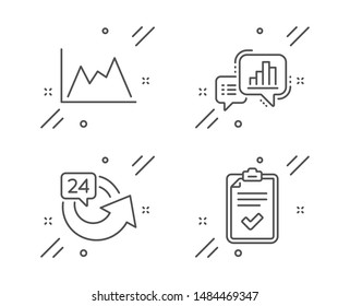 Graph chart, 24 hours and Diagram line icons set. Checklist sign. Growth report, Repeat, Growth graph. Survey. Finance set. Line graph chart outline icon. Vector