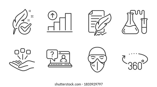 Graph chart, 360 degrees and Feather signature line icons set. Consolidation, Hypoallergenic tested and Faq signs. Chemistry lab, Medical mask symbols. Growth report, Full rotation, Feedback. Vector
