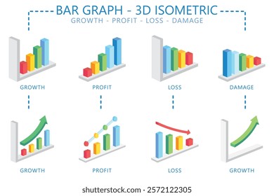 Graph, chart 3d isometric set, contain profit, loss, damage, growth, recession and more. Vector EPS 10 for banner, print, digital UI, UX kit, web and app development, business, finance, presentation.