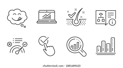 Gráfica, copos antidandruff y conjunto de iconos de línea de respuesta Correcto. Signos de análisis de sesión, caja de verificación y algoritmo técnico. Estadísticas en línea, símbolos de sonrisa deliciosa. Iconos de línea de calidad. Vector