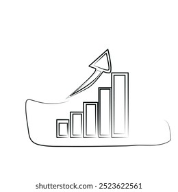 Graph chart with arrow. Black continuous line icon isolated on white background. Hand drawn hologram positive percentage. Hand growth direction concept for business print design. ​​Vector illustration