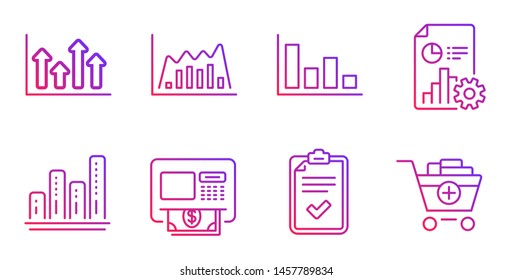 Graph chart, Atm and Histogram line icons set. Infographic graph, Checklist and Upper arrows signs. Report, Add products symbols. Growth report, Money withdraw. Finance set. Vector