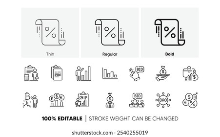 Gráfico, projeto Bitcoin e ícones de linha de empréstimo. Pacote de Oferta, Inflação, ícone Salário. Taxa de câmbio, Dao, pictograma da Área de transferência. Gerente, Leilão on-line, Percentual de empréstimo. Relatório. Ícones de linha. Vetor