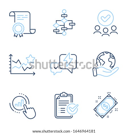 Graph chart, Block diagram and Survey checklist line icons set. Diploma certificate, save planet, group of people. Payment, Lightning bolt and Ranking stars signs. Vector