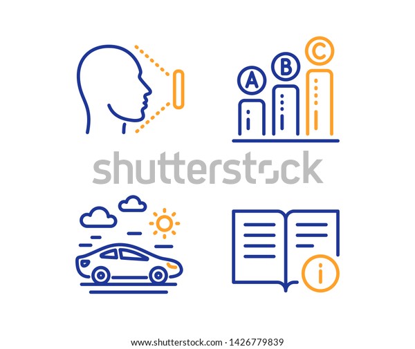 Graph chart, Car travel and Face id icons simple\
set. Technical info sign. Growth report, Transport, Identification\
system. Documentation. Linear graph chart icon. Colorful design\
set. Vector
