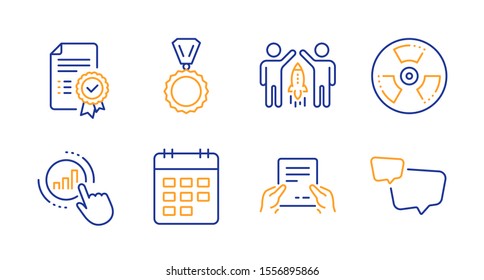 Iconos de línea de archivos Graph, Certificate y Receive definidos. Señales de peligro de asociación, medales y químicos. Calendario, símbolos de burbujas de voz. Obtener informe, documento verificado. Conjunto educativo. Vector