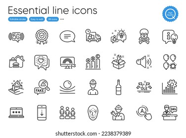 Graph chart, Chat and Fake news line icons. Collection of Insurance medal, Laptop password, Balloon dart icons. Repairman, Ab testing, Skin care web elements. Wine, Elastic material, Spanner. Vector