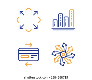Graph chart, Credit card and Maximize icons simple set. Versatile sign. Growth report, Bank payment, Full screen. Multifunction. Technology set. Linear graph chart icon. Colorful design set. Vector