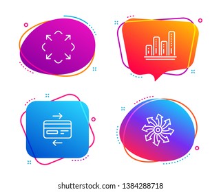 Graph chart, Credit card and Maximize icons simple set. Versatile sign. Growth report, Bank payment, Full screen. Multifunction. Technology set. Speech bubble graph chart icon. Vector