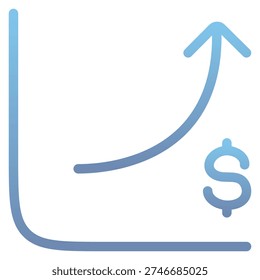 A graph or chart with a curved upward arrow or line starting from the bottom-left corner, rising sharply to the top-right, ending above a dollar sign ($) at the bottom-right, symbolizing revenue growth, profit increase, rising income, financial upward trend, sales growth, wealth accumulation, positive cash flow, economic rise, escalating earnings, or exponential money growth.