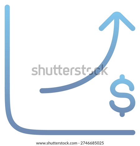 A graph or chart with a curved upward arrow or line starting from the bottom-left corner, rising sharply to the top-right, ending above a dollar sign ($) at the bottom-right, symbolizing revenue growth, profit increase, rising income, financial upward trend, sales growth, wealth accumulation, positive cash flow, economic rise, escalating earnings, or exponential money growth.