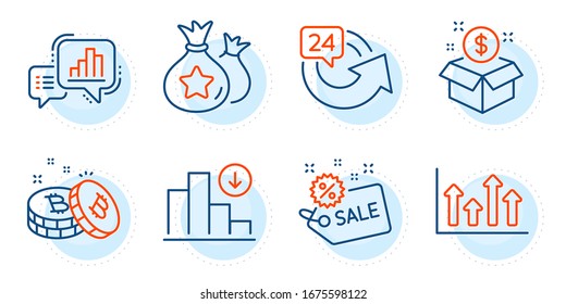 Graph chart, Decreasing graph and Post package signs. Sale, 24 hours and Loyalty points line icons set. Upper arrows, Bitcoin symbols. Shopping tag, Repeat. Finance set. Outline icons set. Vector