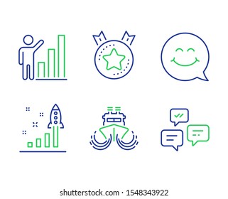 Graph chart, Development plan and Ranking star line icons set. Ship, Smile face and Chat messages signs. Growth report, Strategy, Winner medal. Shipping watercraft. Technology set. Vector