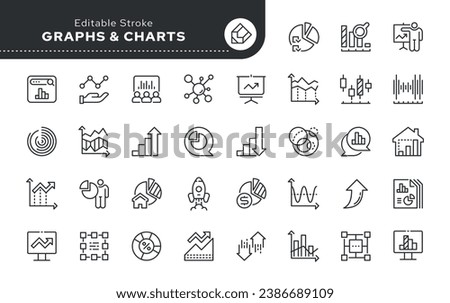 Graph, chart and diagram. Line icon set. Static analytical charts of economics, finance and business. Vector outline icon pack. Web icons in linear style.