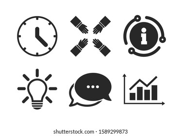 Graph chart diagram sign. Chat, info sign. Lamp idea and clock time icons. Teamwork symbol. Classic style speech bubble icon. Vector