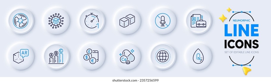 Graph chart, Dice and No alcohol line icons for web app. Pack of Air fan, Globe, Augmented reality pictogram icons. Calcium mineral, Vacancy, Currency rate signs. Timer, Coronavirus. Vector