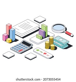 Graph chart, documents and calculator, money, search magnifier, likes dislikes. Vector 3d sketch line isometric style, color icon illustration. Creative design idea and infographics elements.