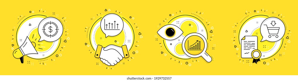 Graph chart, Dollar target and Growth chart line icons set. Megaphone, licence and deal vector icons. Online market sign. Growth report, Aim with usd, Upper arrows. Shopping cart. Finance set. Vector